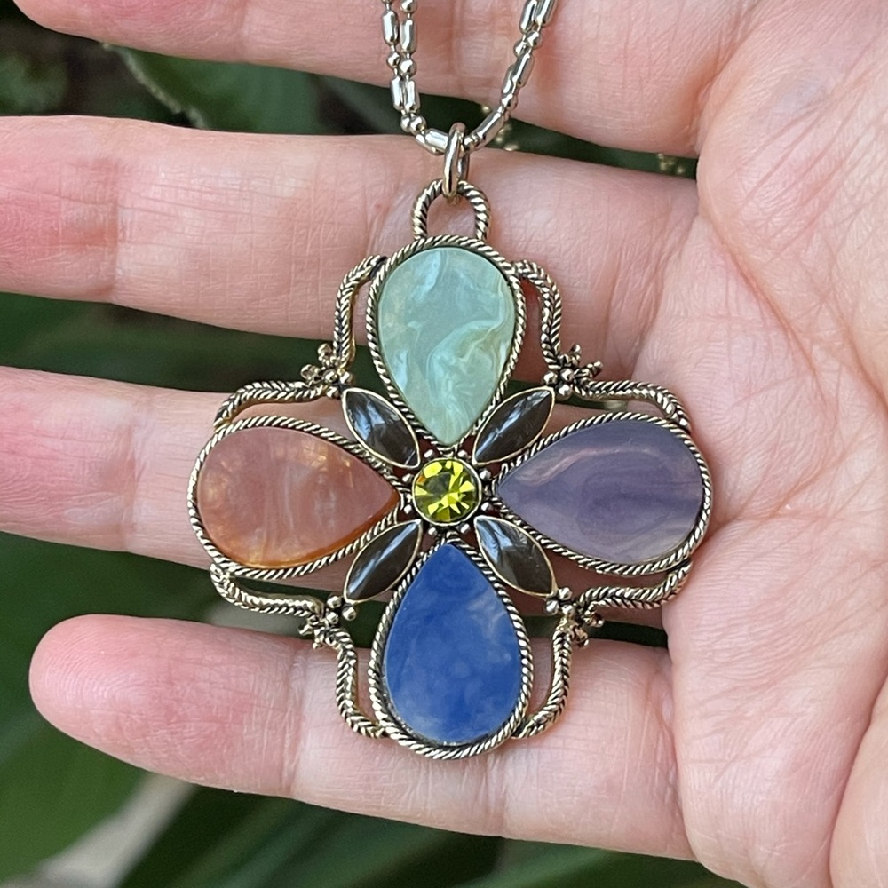 Monet Signed Multi Color Lucite Cross Pendant - image 1